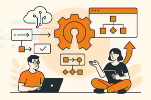 2-D drawing of people powering their companies with open source technology