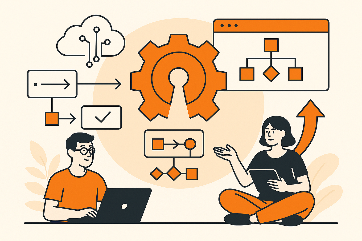 2-D drawing of people powering their companies with open source technology